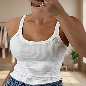 Women's <b>White</b> Ribbed <b>Tank</b> <b>Top</b> Scoop Neck Casual Letter Print Front 100% Cotton Knitted Breathable Style - Product Image 3