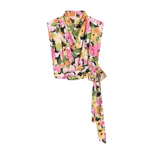SHENZHU 2026 Musim Semi/Panas Terbaru Atasan Wanita Kasual Manis Bermotif Bunga Tanpa Lengan Kerah Tegak Berikat Pinggang Model Crop 2023184 - Product Image 1