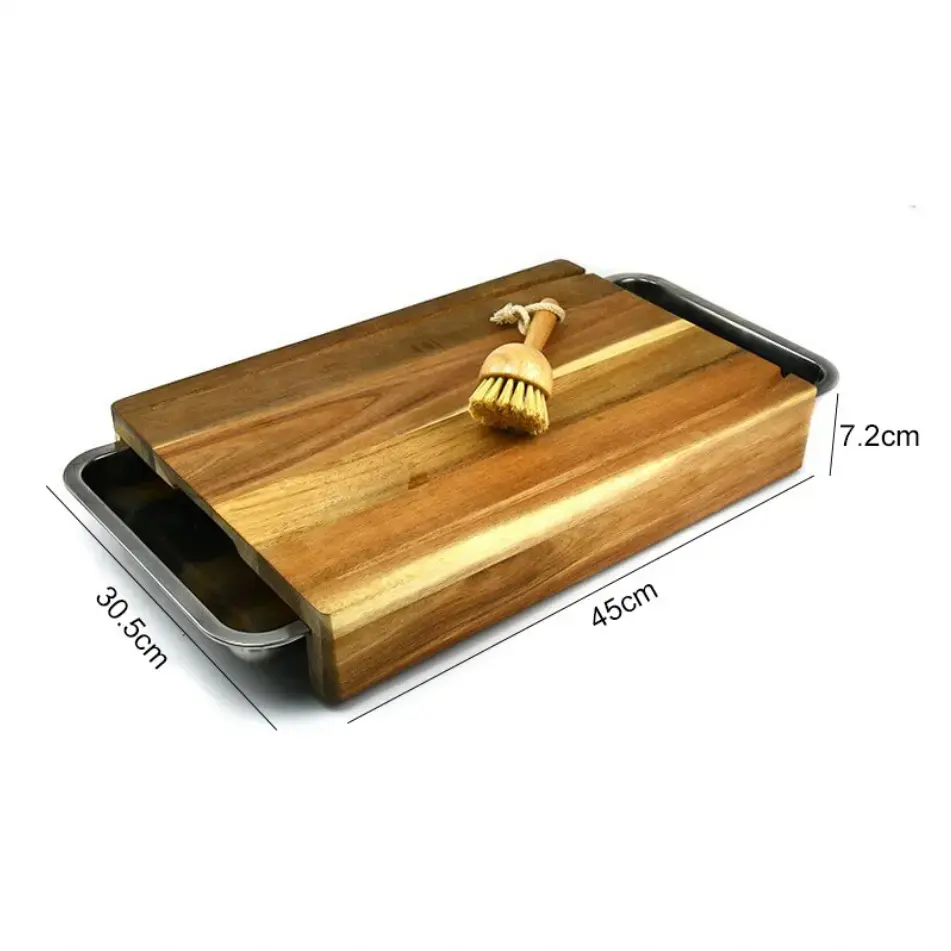 Ownswing Wholesale Acacia Wood Cutting Board Bamboo With Stainless Steel Tray Kitchen Use