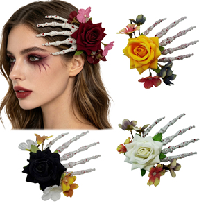 Barrette à cheveux vintage gothique avec main squelette florale et fausse rose, pour femme, style sombre, Halloween, décoration pour festival des fantômes - Product Image 1