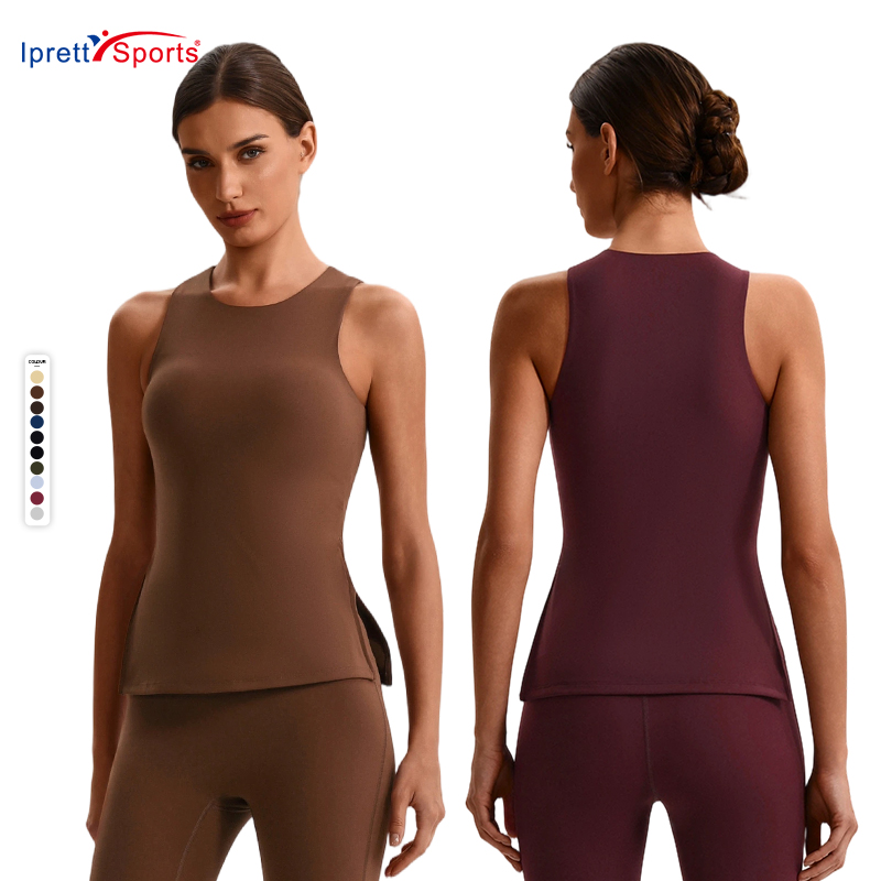 Sleeveless Long T-Shirt with Side Slit Sports T-shirts with Crisscross Straps Quick-Dry Spandex/Nylon Yoga Tank Top Custom LOGO