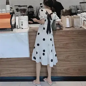 2020 New design women french elegant slim backless puff sleeve dot printing dresses for summer