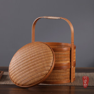 Handmade Double Layer <b>Bamboo</b> <b>Basket</b> With Lid Round Food Container For Kitchen Storage - Product Image 2