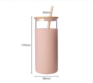 Gobelet en verre avec paille 500 ml, tasse en verre avec manchon en silicone, couvercle en bambou et paille en bois - Product Image 3