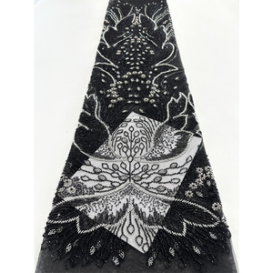 2025 africain perlé paillettes brodé 3d Floral ruban timbre matériaux Jacquard plume brocart tissu femmes robe - Product Image 3