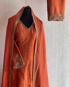 Designer Chanderi Silk <b>Kurta</b> and Pant Set with Georgette Dupatta Aari Work Zardozi Embroidery Kadana Beads and Zari Work Premium - Product Image 2