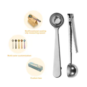 Wholesale kitchen cafe special coffee spoon stainless steel measuring coffee spoon with Integrated Seal Bag clip