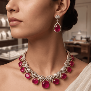 Luxury Rose Gold Plated Cubic Zirconia <b>Ruby</b> Red Gemstone Imitation <b>Necklace</b> Ideal Choice for Women Bridal Wedding Wear - Product Image 2