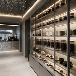 ชุดเฟอร์นิเจอร์ร้านกาแฟแบบกำหนดเองพร้อมออกแบบ 3 มิติ, เคาน์เตอร์ร้านกาแฟเชิงพาณิชย์สแตนเลสลายคลื่นน้ำ และการตกแต่งภายใน - Product Image 4