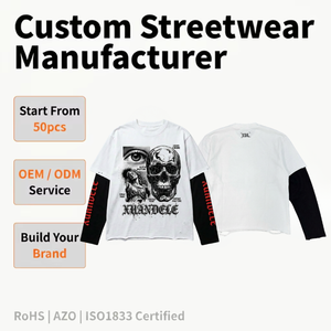 Sweat-shirt surdimensionné personnalisé coupe carrée, col rond, bords bruts, streetwear homme, imprimé DTG motif squelette, haut à double manche - Product Image 2