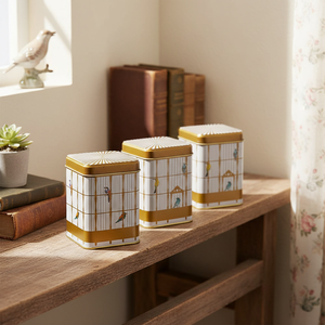 Juego de Cajas Metálicas Cuadradas Kontensan de 75x75x100mm (Juego de 3) con Ilustración Vintage de Jaula de Pájaros y Aves Coloridas - Product Image 3