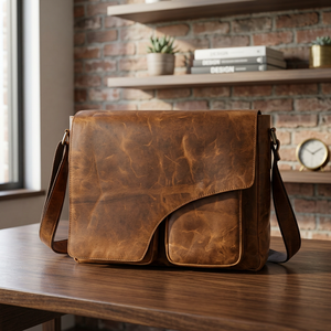 Sac messager pour ordinateur portable en cuir véritable, populaire, classique, marron, durable, léger, imperméable, antichoc, grand format - Product Image 1