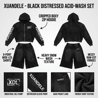 Ensemble short et sweat à capuche zippé imprimé pour homme, style streetwear, délavé à l'acide, effet vieilli, 2 pièces