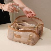 Sac à cosmétiques portable en maille, grande capacité, pochette de rangement pour articles de toilette à 3 compartiments