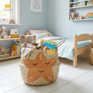 Hot Trend Cute Star Embroidery Rattan Storage <b>Basket</b> <b>With</b> <b>Handles</b> For Children's Toy Storage Top Sale - Product Image 5