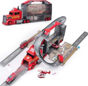 <span class=keywords><strong>Camion</strong></span> de pompiers pour garçons, grand transporteur de voitures, jouet à friction, ensemble de mini-voitures en plastique et métal, parking de la brigade incendie - Product Image 3