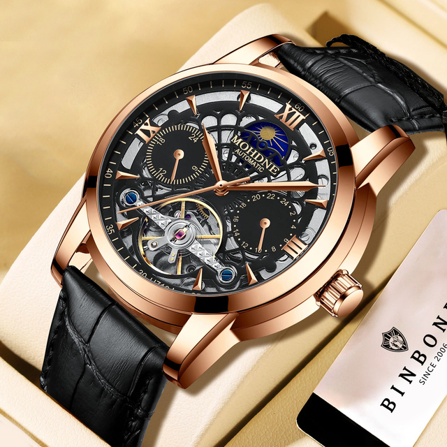 Multifunctional Automatic Mechanical Men's Watch Leather Strap Sports Waterproof Pointer 30M Water Resistance Black Watch