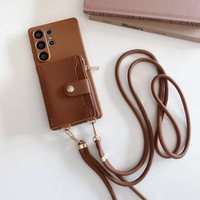 Étui portefeuille minimaliste à bandoulière pour Samsung Galaxy S25 Ultra S24 S23 FE S9 avec pochette zippée pour cartes, en PU, protection intégrale et cordon