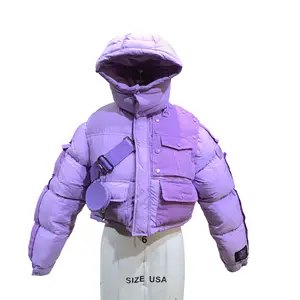 最受欢迎的女士定制保暖厚河豚夹克2024，带紫色小包外套街头款式