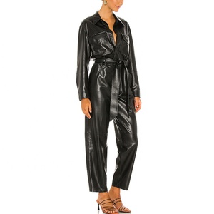 Ultime di Modo Alla Moda Fresco Maniche Lunghe Autunno Inverno Faux di Cuoio Nero Solido Delle Donne di Un Pezzo Tute - Product Image 3