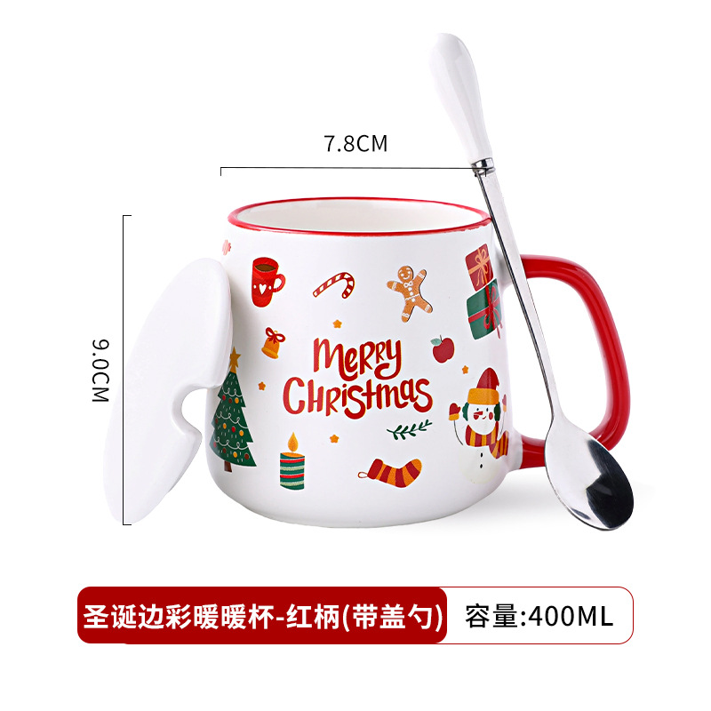 Noël (Tasse chaude à bord rouge avec anse rouge) avec couvercle et cuillère