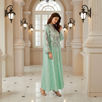 Robe Abaya de luxe vert menthe brodée de fleurs pour femme, robe longue évasée, caftan islamique, élégante, en polyester, taille unique pour adultes