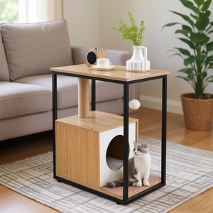 Mesa Auxiliar con Casa para Gatos y Rascador, Mueble Moderno para Sala de Estar para Gatos, Madera Natural, Diseño Minimalista - Product Image 2