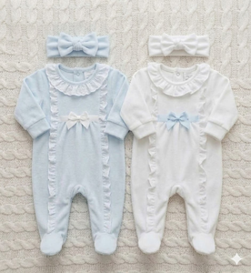Conjunto de Mameluco para Bebés Gemelos Recién Nacidos, Azul Claro y Blanco, Mameluco con Pies y Diadema, Pijama de Terciopelo Suave para Bebés <span class=keywords><strong>Niñas</strong></span> - Product Image 2