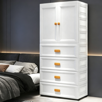 Armoire en plastique PP blanc 69x38x150cm avec tringle de suspension et 4 tiroirs, grand meuble de rangement pour vêtements pour chambre à coucher et maison