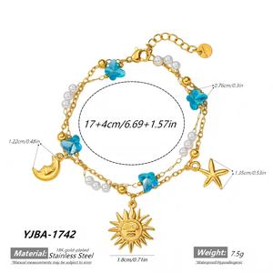 Bracelet en acier inoxydable plaqué or 18 carats avec étoile de mer, <span class=keywords><strong>soleil</strong></span>, <span class=keywords><strong>lune</strong></span>, papillon bleu, cristal <span class=keywords><strong>et</strong></span> perle, double couche, anti-ternissement, bijoux bohèmes - Product Image 6