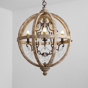 Lampadario a Sospensione in Ferro e Cristallo di Design Mid-Century, Lampadario Moderno in Legno con LED Artigianale - Product Image 1