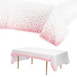 54x 108英寸一次性桌布8英尺长方形桌子粉色圆点乙烯基防水可重复用于派对婚礼野营