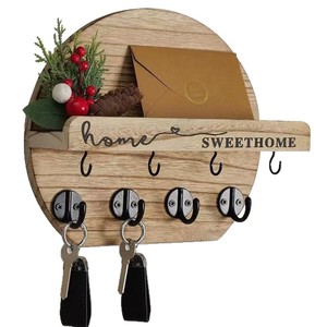 Wooden key holder, wall-mounted, semi-circular shape, <b>rustic</b> style, entryway decoration, envelope storage rack, solid <b>wood</b>. - Product Image 1
