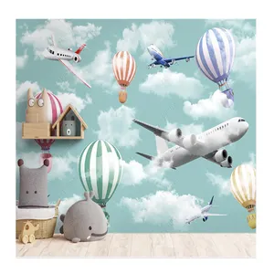 Komnni hình nền hiện đại khinh khí cầu máy bay đám mây Bầu Trời hình nền phòng trẻ em giấy tờ tường trang trí nhà bức tranh tường