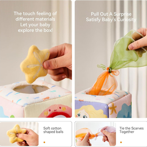 Jouets sensoriels Montessori en forme de <span class=keywords><strong>cube</strong></span> avec 3 balles texturées et 12 foulards soyeux, boîte à mouchoirs en tissu doux, jouet boîte à mouchoirs pour bébé - Product Image 2