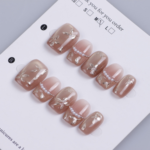 Uñas Postizas de Lujo Hechas a Mano, Cortas, Cuadradas y Ovaladas, con Diseño de Ojo de Gato, Adornos Florales Dorados y Perlas, Uñas Adhesivas, Unhas Autocolantes - Product Image 4