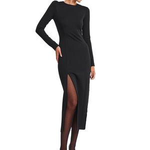 Vestidos Midi Ajustados de Alta Calidad Personalizados OEM, Diseño Sexy Negro de Otoño, Cuello Alto, Manga Larga, Método de Tejido de Punto en Capas - Product Image 5