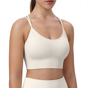 Women Ribbed Sports Bra Scoop Neck Spaghetti Strap Medium Support Breathable Yoga Tank Top Solid Color Design Sports Bra - Product Image 1