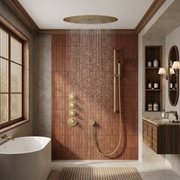 Ensemble de douche de plafond avec mitigeur thermostatique et jets massants, finition or brillant