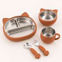 Katzenmotiv Baby Fütterungsschale Teller Becher Set Edelstahl Innen Silikon Außen Saugnapf Kleinkind Geschirr Entwöhnungs-Set