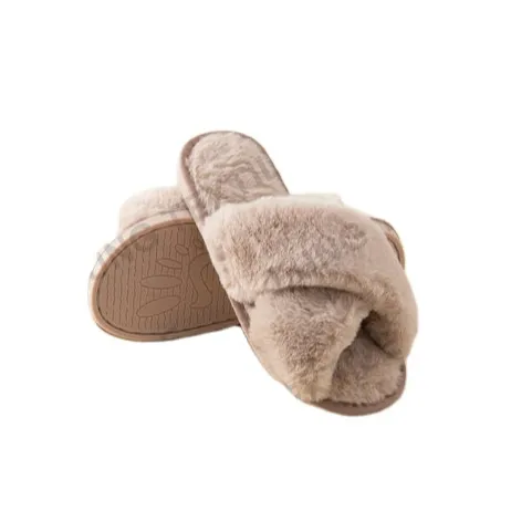 Fung Stock donna Cross Strap TPR Sole Fluffy Fuzzy Indoor peluche pantofole in pelliccia sintetica