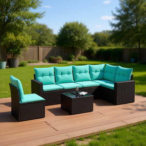 Set di divani da patio in polyrattan, 7 pezzi, mobili da esterno neri con cuscini, eleganti sedute componibili - Product Image 2