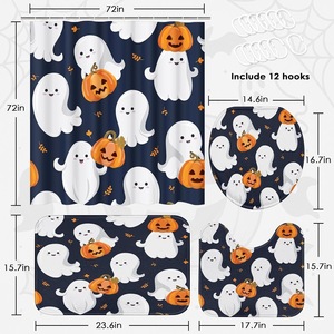 Cortina de Ducha de Poliéster Azul Oscuro con Diseño de Calabaza Fantasma, Cortina de Baño con Impresión Digital, Impermeable, Impresión Personalizada, Venta al por Mayor, Moderna - Product Image 3