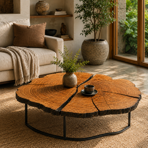 Mesa de Centro Redonda Artesanal de Madera Dura con Borde Natural Orgánico y Base de Pedestal de Acero, Mueble de Café Premium para Hogares de Lujo - Product Image 1