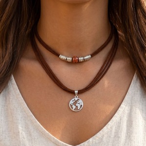 Bohemian Women's Leather Pendant <b>Necklace</b> With Earth Charm And Natural Stone Bead Casual Everyday Jewelry - Product Image 1