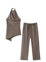 Ensemble pantalon et débardeur asymétrique dos nu sexy à bretelles + pantalon à cordon de serrage, style streetwear vintage pour femme