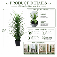 Arbre artificiel en PE de 1,5 m, Plante Dracaena réaliste, ignifuge, résistante aux UV, écologique, en pot noir, direct usine