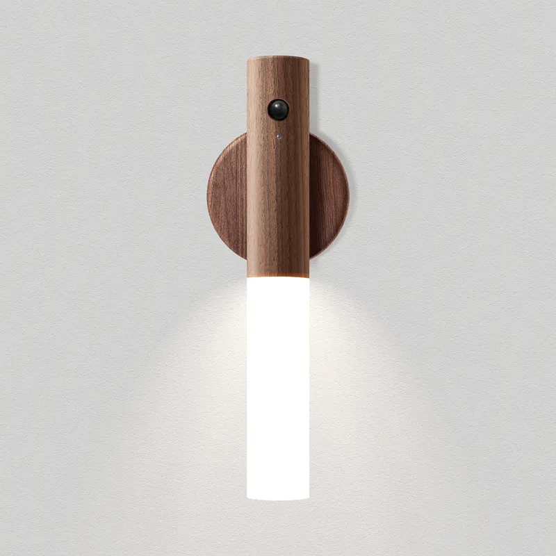 Decorative Black Walnut Ash Wood Auto PIR Motion Sensor LED Rechargeable Magnetic Night Light For Bedside Wardrobe Wall Lamp