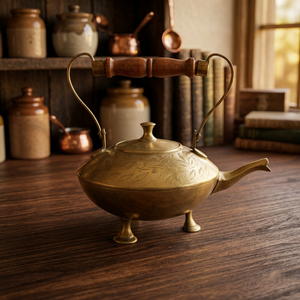 Vintage Brass Tea Pot With Wooden Handle And Engraved Floral Design Water Pots & <b>Kettles</b> - Product Image 4