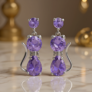 Pendientes Colgantes de Gato Morado E3827, Chapados en Plata, Aleación de Zinc, Joyería de Moda para Mujer, Diseño de Animal Lindo para Fiesta, Corte Brillante Redondo - Product Image 2